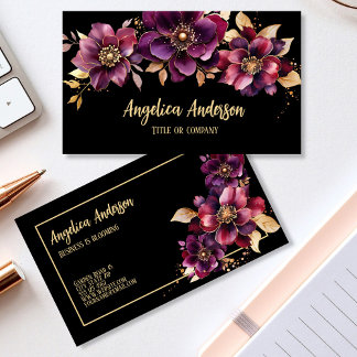 Paarse bloemen zwart visitekaartje