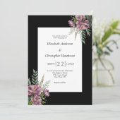 Paarse Bloemen Zwart Wit Elegante Moderne Huwelijk Kaart (Staand voorkant)