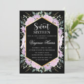 Paarse Bloemen Zwart Zoet Zestien 16 Verjaardag Kaart (Staand voorkant)