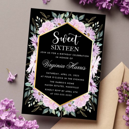 Paarse Bloemen Zwart Zoet Zestien 16 Verjaardag Kaart
