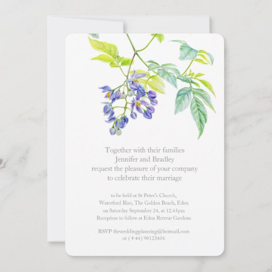 Paarse bloemenaardappel creeper waterverf bruiloft kaart (Achterkant)