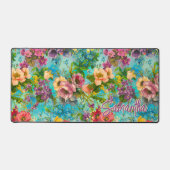 paarse bloemenblauw patroonmonogram bureaumat (Voorkant)