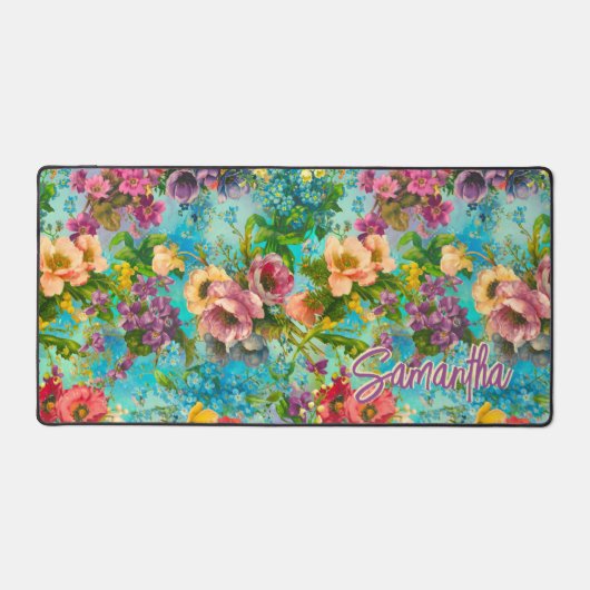  paarse bloemenblauw patroonmonogram bureaumat (Voorkant)