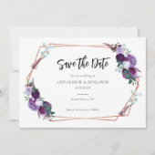 Paarse bloemenbloesem Elegant Script bruiloft Save The Date (Voorkant)