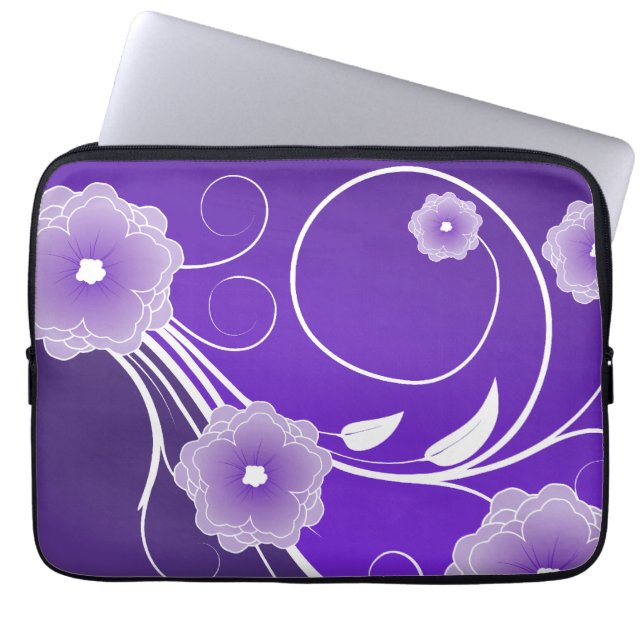 Paarse bloemenbloesems & wervelingen laptop sleeve (Voorkant)