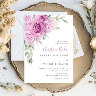 Paarse bloemenboeket Nuestra Boda Spaans Bruiloft Kaart