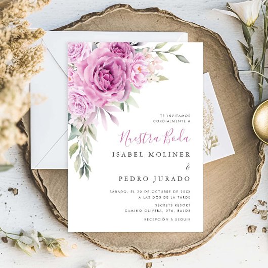 Paarse bloemenboeket Nuestra Boda Spaans Bruiloft Kaart