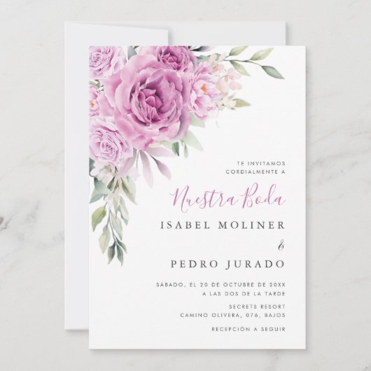 Paarse bloemenboeket Nuestra Boda Spaans Bruiloft Kaart (Voorkant)