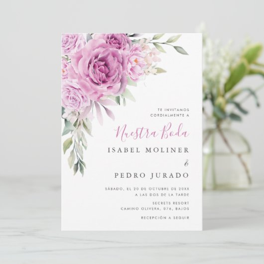 Paarse bloemenboeket Nuestra Boda Spaans Bruiloft Kaart (Staand voorkant)