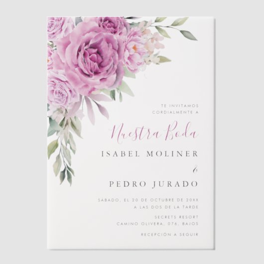 Paarse bloemenboeket Nuestra Boda Spaans Bruiloft Vellum Uitnodigingen (Voorkant)
