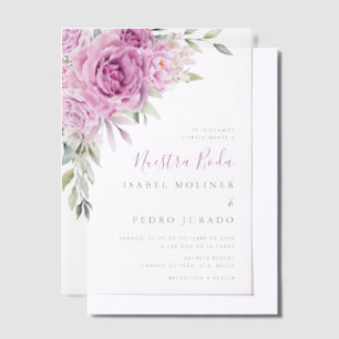 Paarse bloemenboeket Nuestra Boda Spaans Bruiloft Vellum Uitnodigingen