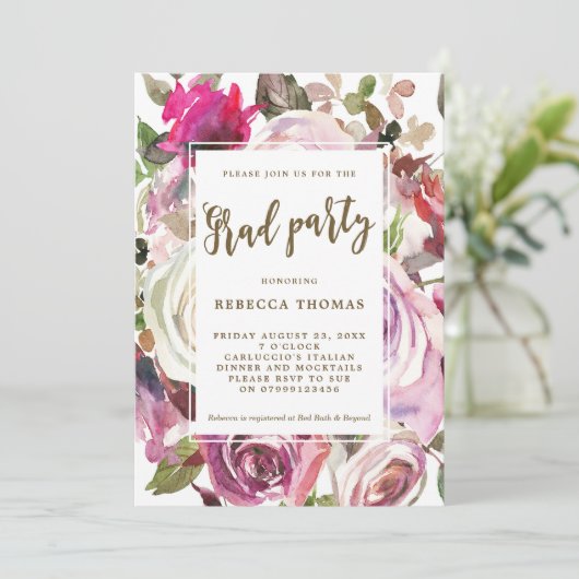 Paarse bloemenboho Afstudeerfeest uitnodiging (Staand voorkant)