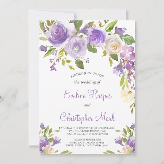 Paarse bloemenboho groen kalligrafie bruiloft kaart (Voorkant)