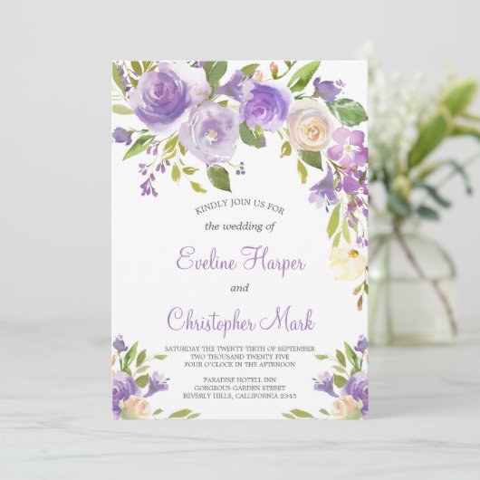 Paarse bloemenboho groen kalligrafie bruiloft kaart (Staand voorkant)