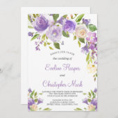 Paarse bloemenboho groen kalligrafie bruiloft kaart (Voorkant / Achterkant)