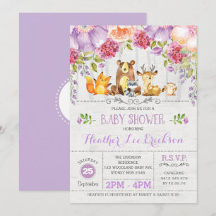 Paarse Bloemenbos Dieren Baby shower Invite Kaart