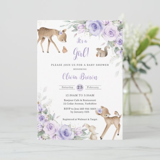 Paarse Bloemenbos Dieren Herten Baby shower Kaart (Staand voorkant)
