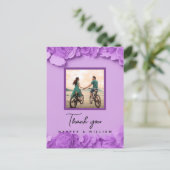 Paarse bloemenbruiloft foto dank u briefkaart (Staand voorkant)