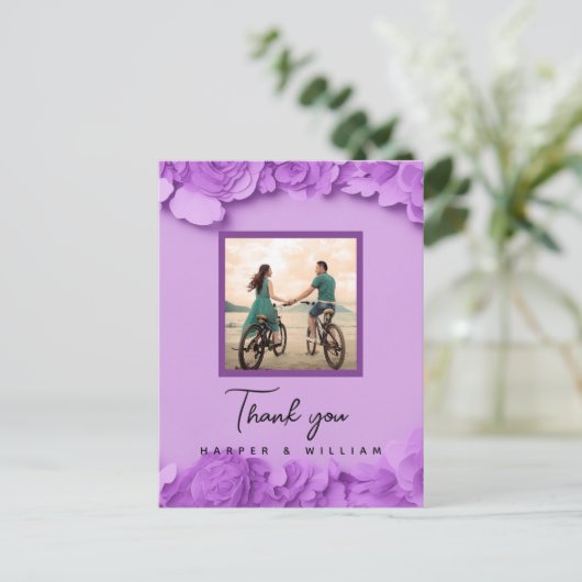 Paarse bloemenbruiloft foto dank u briefkaart (Staand voorkant)
