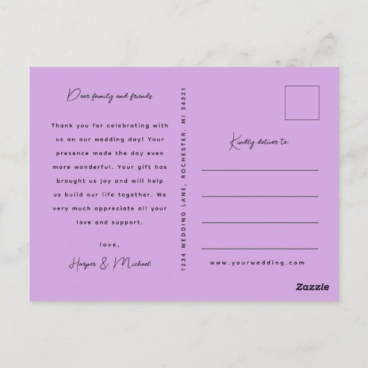 Paarse bloemenbruiloft foto dank u briefkaart (Achterkant)