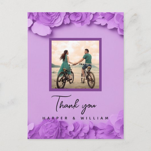 Paarse bloemenbruiloft foto dank u briefkaart (Voorkant)