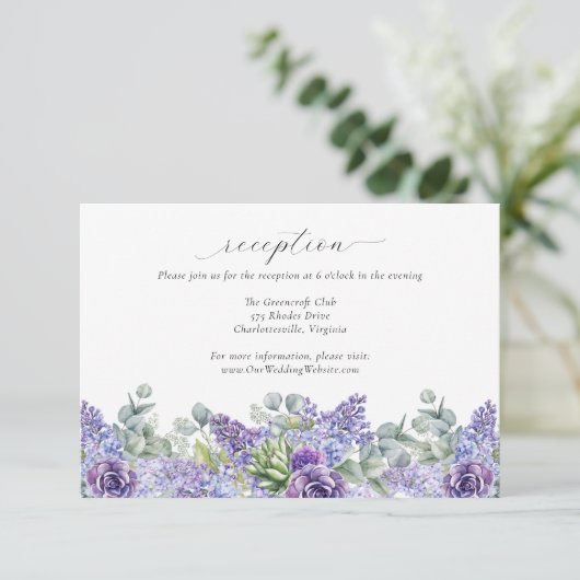 Paarse bloemenbruiloft online receptie informatiekaartje (Staand voorkant)