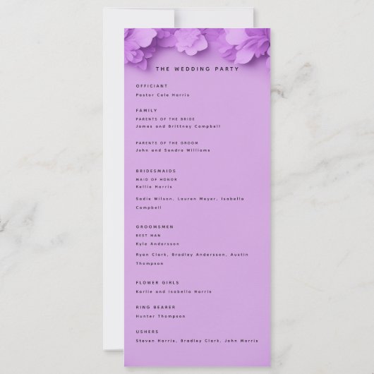 paarse bloemenbruiloft programma (Achterkant)
