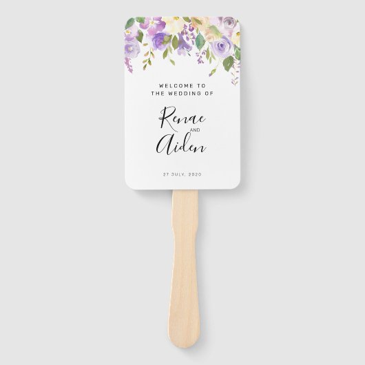 Paarse bloemenbruiloft programma hand fan, floral handwaaier (Voorkant)