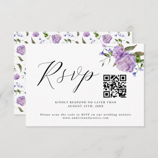 Paarse Bloemenbruiloft QR Code RSVP-kaart RSVP Kaartje (Voorkant / Achterkant)