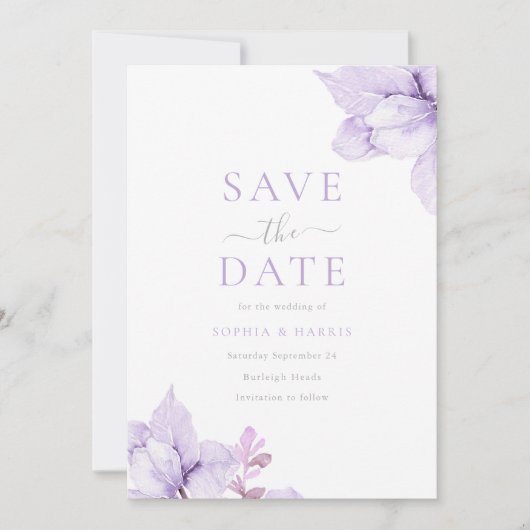 Paarse bloemenbruiloft Waterverf prachtig Save The Date (Voorkant)