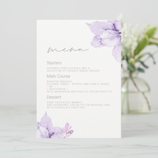 Paarse bloemenbruiloft Waterverf Prachtige bruilof Menu (Staand voorkant)
