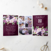 Paarse Bloemencode QR Code Donkere Moody Plum Brui Drieluik Uitnodiging (Binnen)