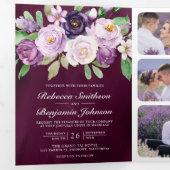 Paarse Bloemencode QR Code Donkere Moody Plum Brui Drieluik Uitnodiging (Binnenzijde eerst)
