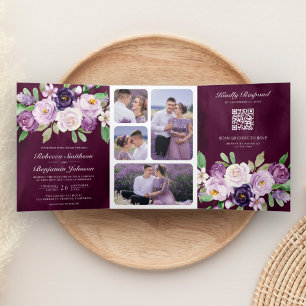 Paarse Bloemencode QR Code Donkere Moody Plum Brui Drieluik Uitnodiging