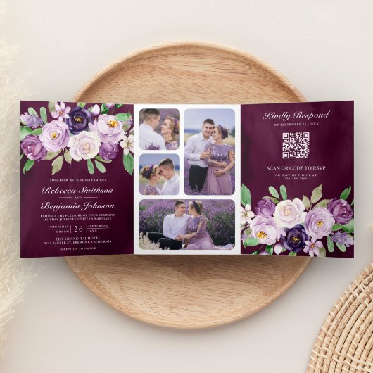 Paarse Bloemencode QR Code Donkere Moody Plum Brui Drieluik Uitnodiging
