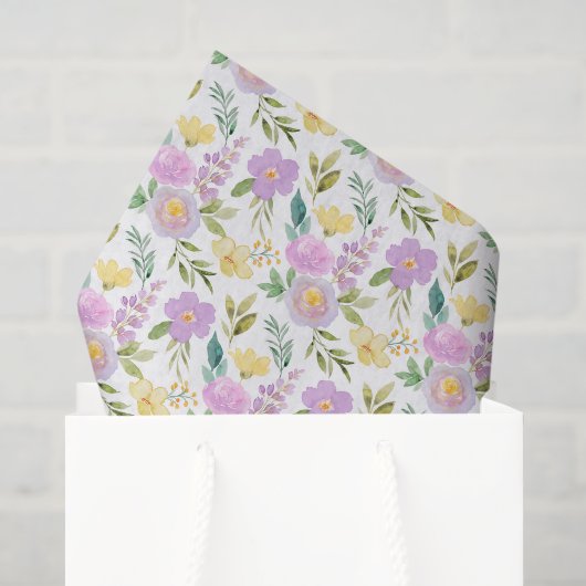 Paarse bloemendecoupe tissuepapier, gele botanisch tissuepapier (Cadeauzakje)