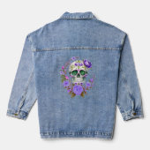 Paarse bloemendia de los muertos suikerschedel denim jacket (Achterkant)