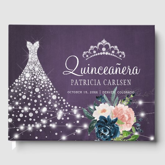 Paarse bloemendiamant prinses tiara quinceanera gastenboek (Voorkant)