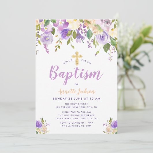 paarse bloemendoop kaart (Staand voorkant)