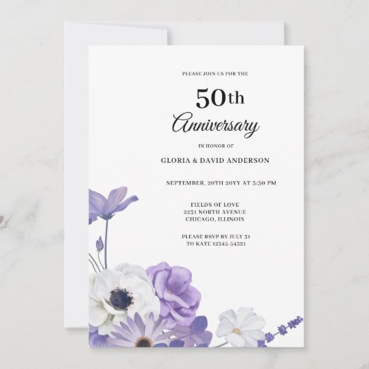 Paarse bloemenelegante 50ste bruiloft Jubileum Kaart (Voorkant)