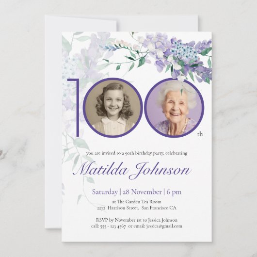 Paarse bloemenelegante aangepaste foto 100e verjaa kaart (Voorkant)