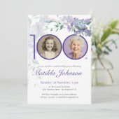 Paarse bloemenelegante aangepaste foto 100e verjaa kaart (Staand voorkant)