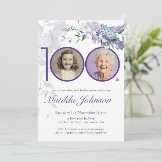 Paarse bloemenelegante aangepaste foto 100e verjaa kaart (Staand voorkant)