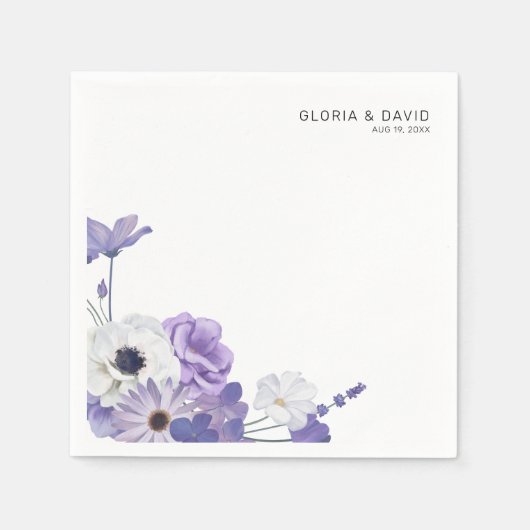 Paarse bloemenelegante vierkante bruiloft servet (Voorkant)