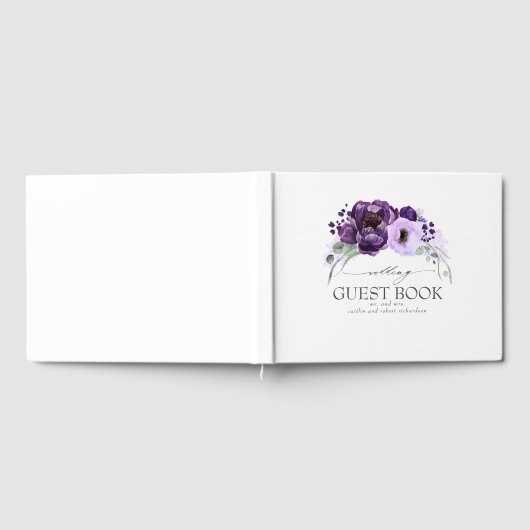 Paarse bloemenelegante witte bruiloft gastenboek (Volledig)