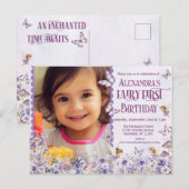 Paarse Bloemenfee Eerste Foto Verjaardag Uitnodiging Briefkaart (Voorkant / Achterkant)