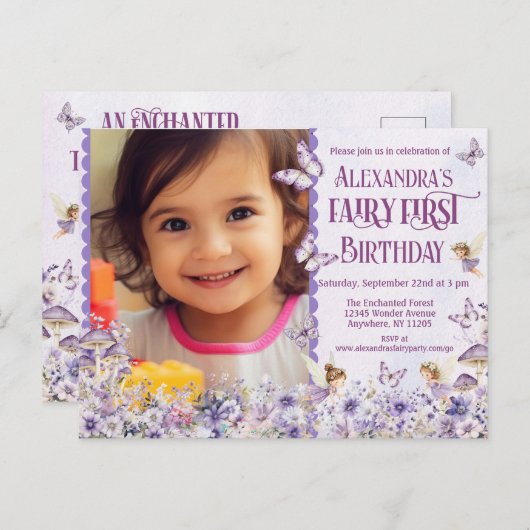 Paarse Bloemenfee Eerste Foto Verjaardag Uitnodiging Briefkaart (Voorkant / Achterkant)