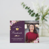 paarse bloemenfoto afstuderen aankondiging briefkaart (Staand voorkant)