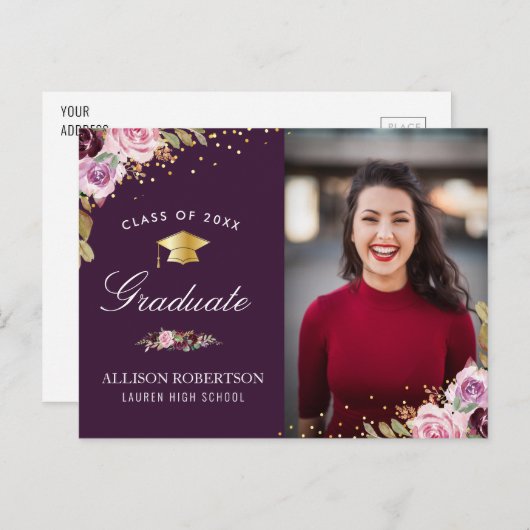 paarse bloemenfoto afstuderen aankondiging briefkaart (Voorkant / Achterkant)