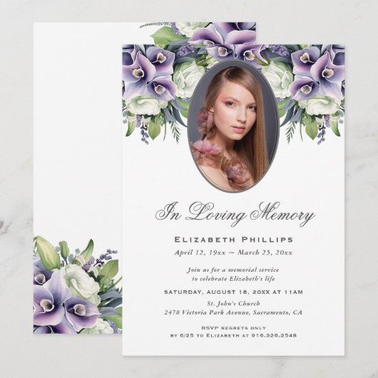 Paarse Bloemenfoto Herdenkingsdienst Begrafenis Kaart (Voorkant / Achterkant)